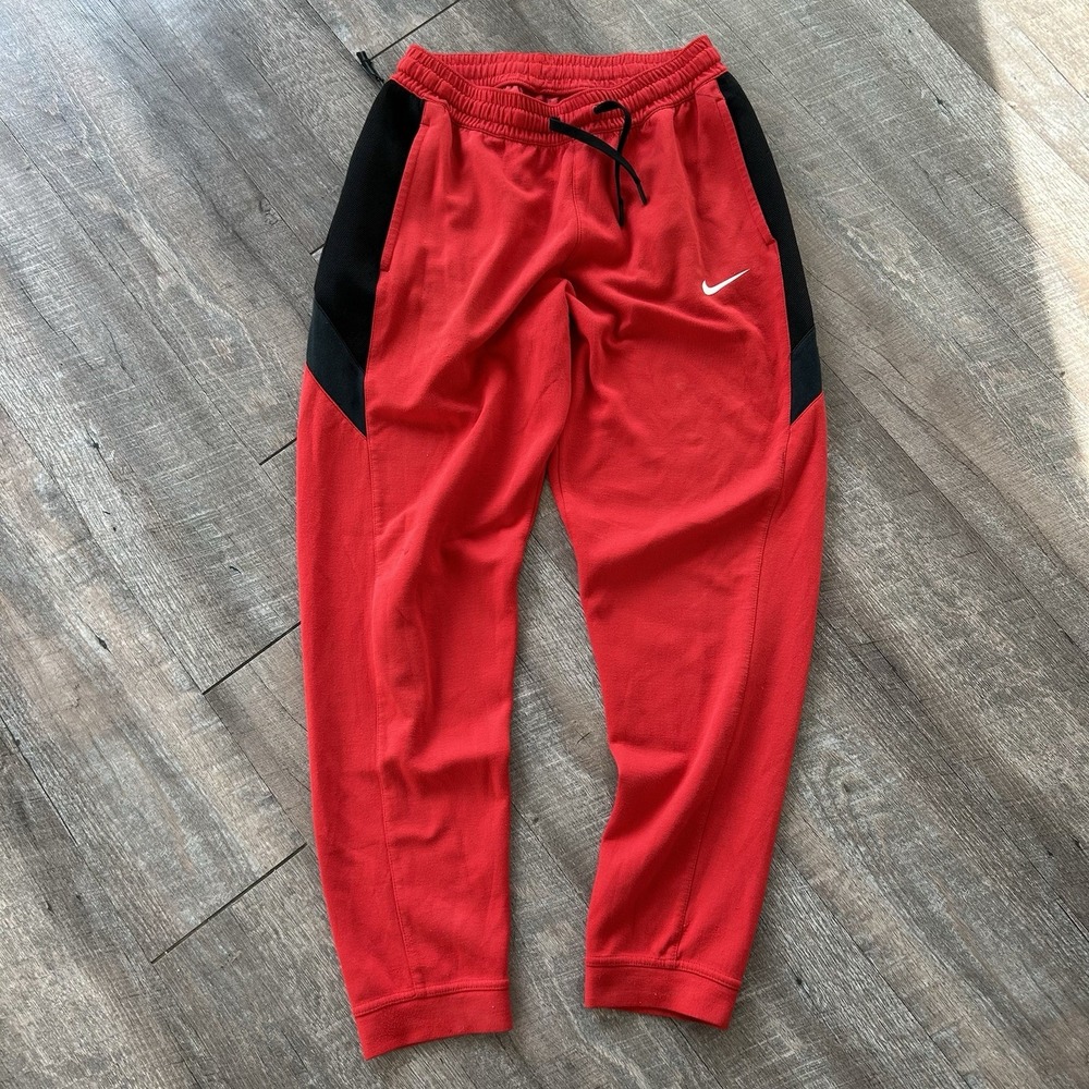 Nike Dri-Fit Fleece Joggers Red Black Mesh Panel Sweatpants Mens L CQ0307-657